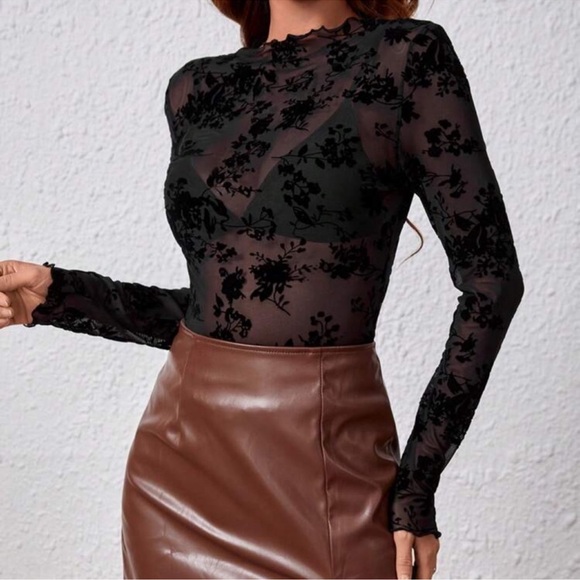 Tops - Black Floral Pattern Mesh Long Sleeve Fitted Sheer Shirt Stretchy